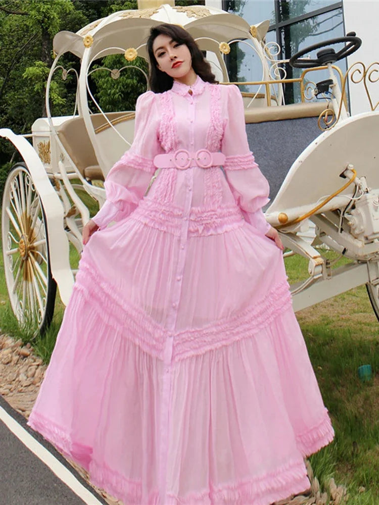 High Quality Fashion 2024 Women's Long Sleeve Cascading Ruffles Belted Holiday Long Dress with Camis