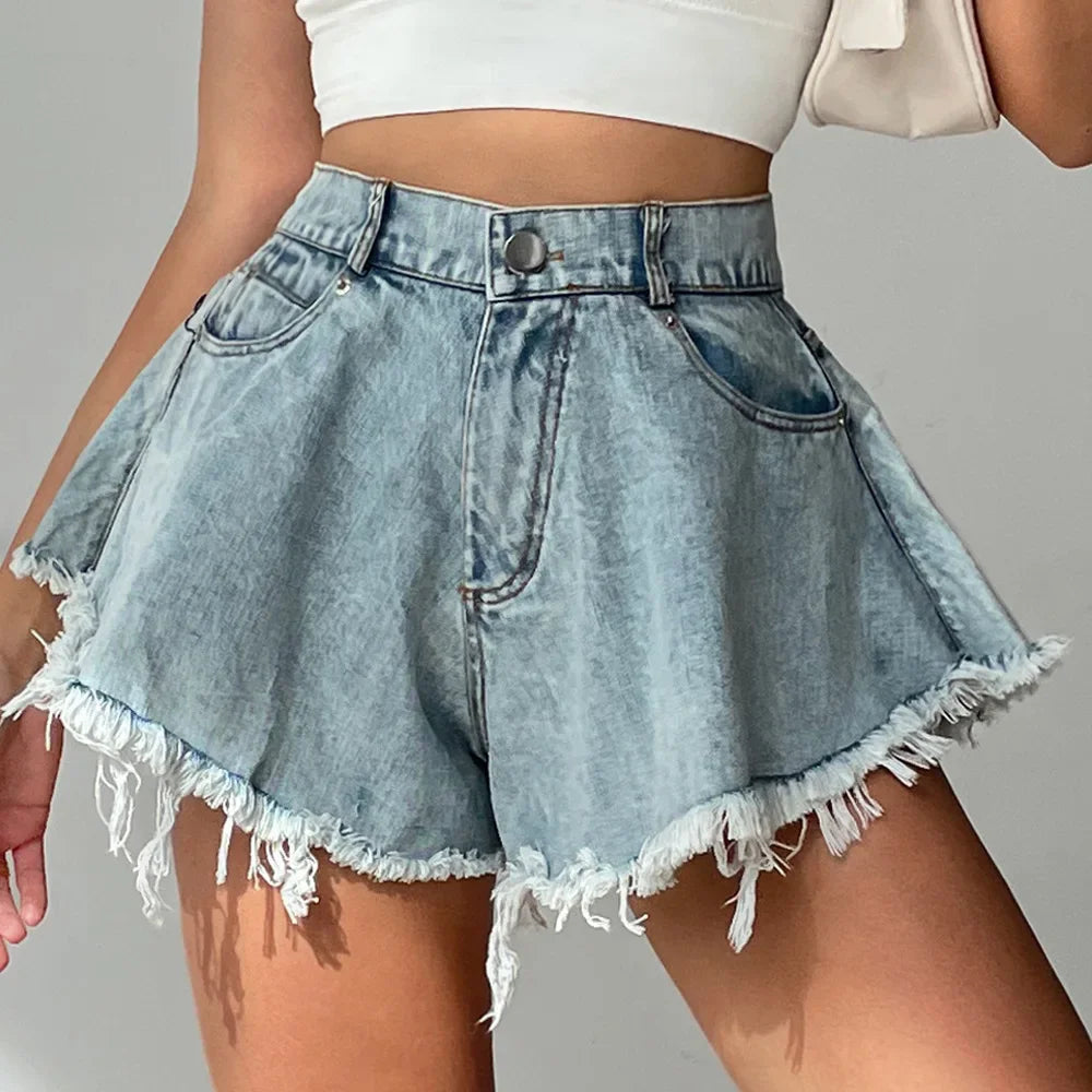 2024 New Women Denim Shorts With Holes And High Waist Loose Tassel Jeans S-XXL