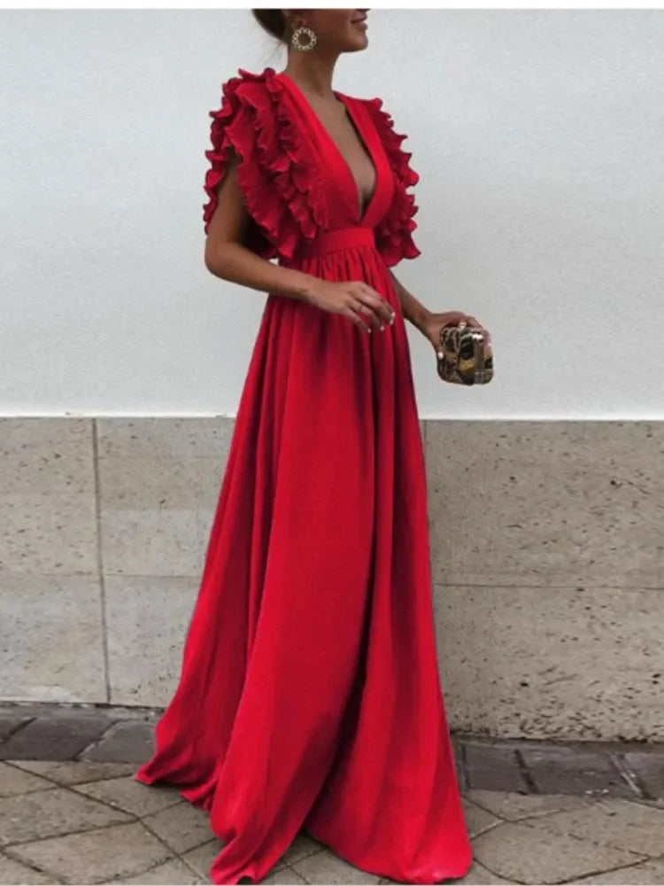 Sexy Deep V-neck Backless Dress Women Fashion Flying Sleeve High Waist Big Swing Green Red Dresses Elegant Evening Party Dress