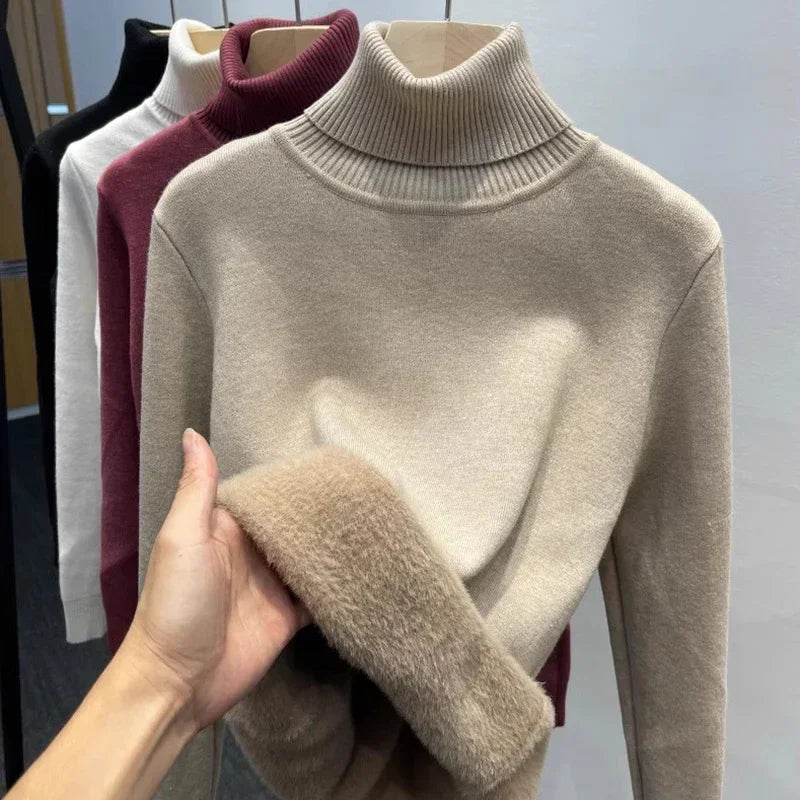 Winter Thick Plush Fleece Lined Knit Pullover Warm Soft Knitwear Jumper Turtleneck Sweater Women Slim Sueter Top New Malhas Pull