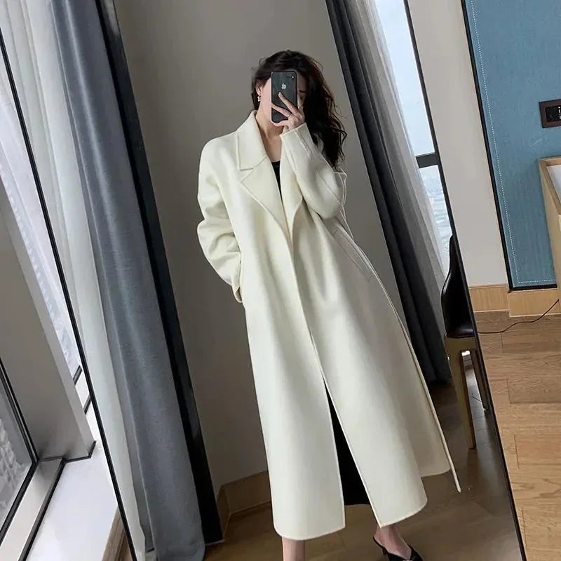 Elegant Midi Wool Blends Coat Women Korean Thicken Long Bandage Jackets Oversized Lace Up Outwear White Cardigan Woolen Overcoat