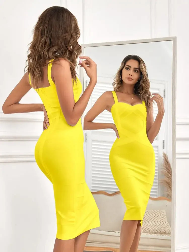 Sexy Vintage Quality Evening Yellow Bandage Dress Women Summer Blue Midi Cross Dress Bodycon Party Ladies Vestidos