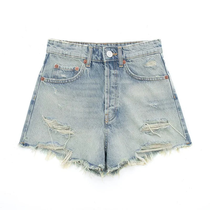 Tangada 2024 Summer Women Summer Ripped Denim Shorts High Waist Female Shorts 3H0210