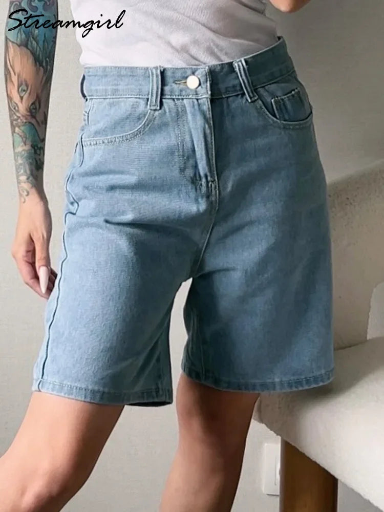 High Waist Long Denim Shorts For Women Summer 2024 Straight Short Jeans Streetwear Slim Women Jeans Denim Pants Jean Shorts