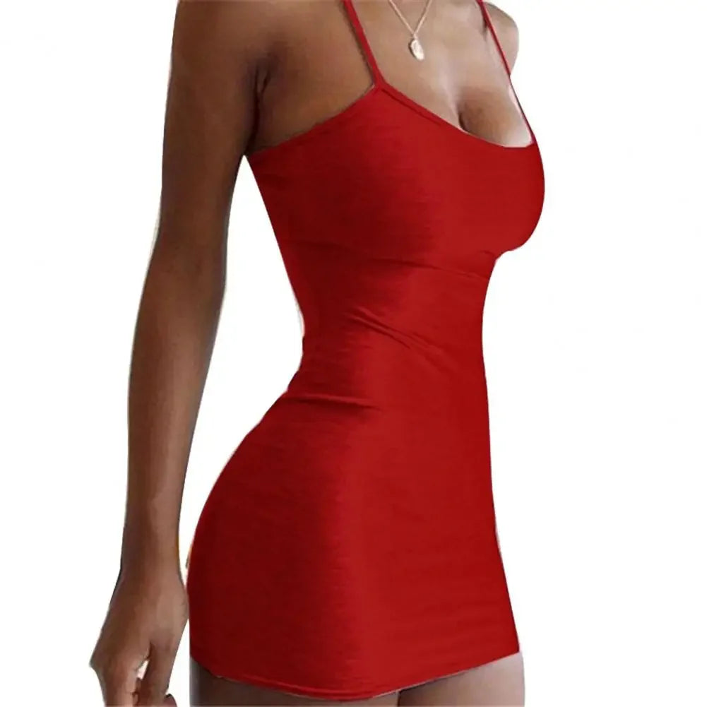 Women Summer Dress Mini Sleeveless Sexy Slim Solid Color Suspender Dress for Party