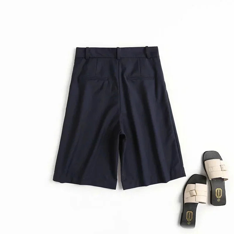 Maxdutti summer england solid simple navy shorts women color straight suits short feminino bermuda Cropped trousers