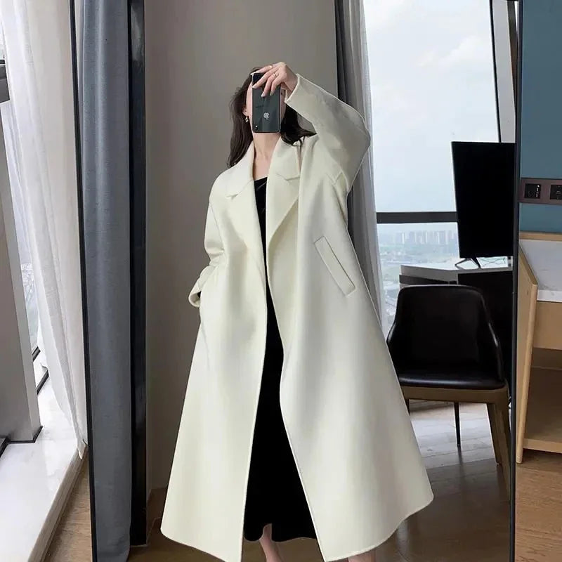 Elegant Midi Wool Blends Coat Women Korean Thicken Long Bandage Jackets Oversized Lace Up Outwear White Cardigan Woolen Overcoat