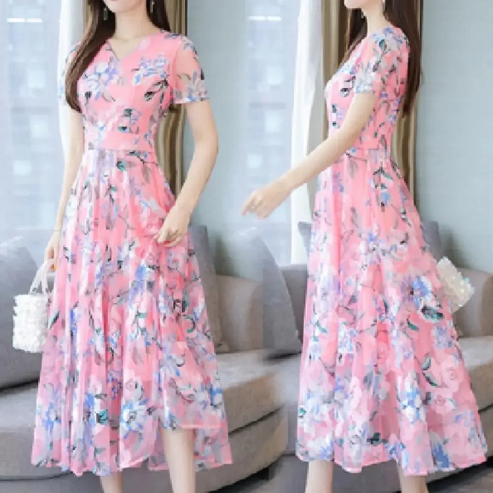 2023 New chiffon print dress summer V-neck long women's fashion round collar slim Korean version female large size beach skirt