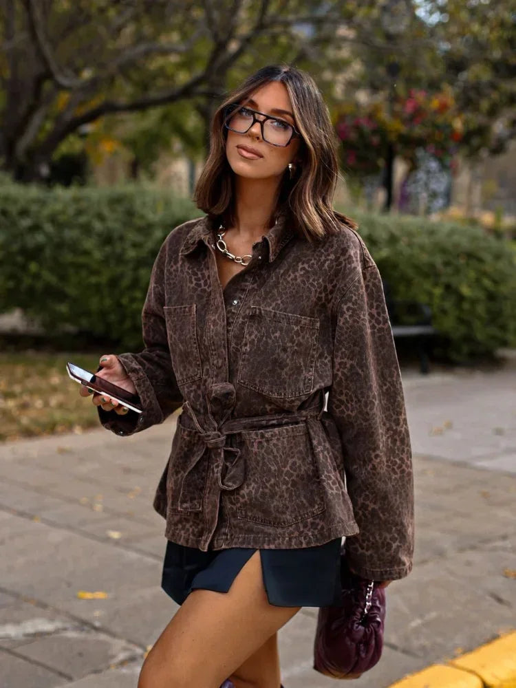 Leopard Printed Denim Single Breasted Belt Women's Coat Fashion Lapel Long Sleeves Pockets Jackets Autumn Chic Ladies Outerwear