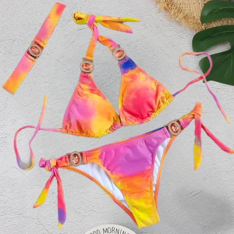 Print Sexy Bikinis Swimsuits With Rhinestones Women's Swimwear Female Push Up Bikini Beach Swim Wear Bathing Suits Pool Bather