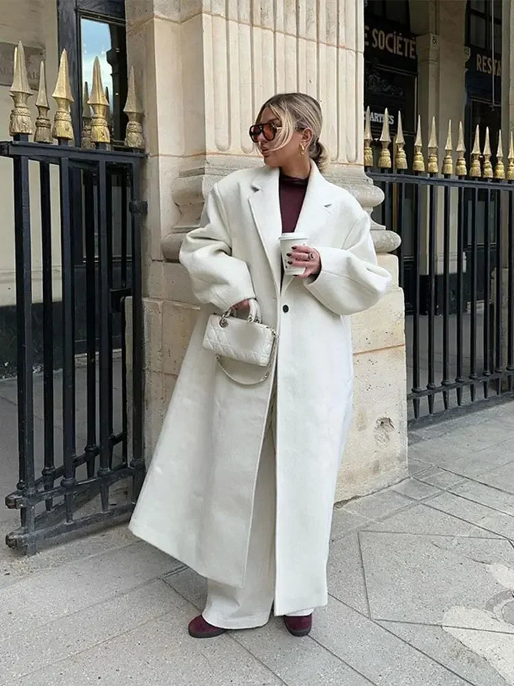 Autumn New Oversize Solid Woolen Lapel Long Sleeve Coat Women Fashion One Button Long Overcoat 2024 Winter Lady Street Outerwear