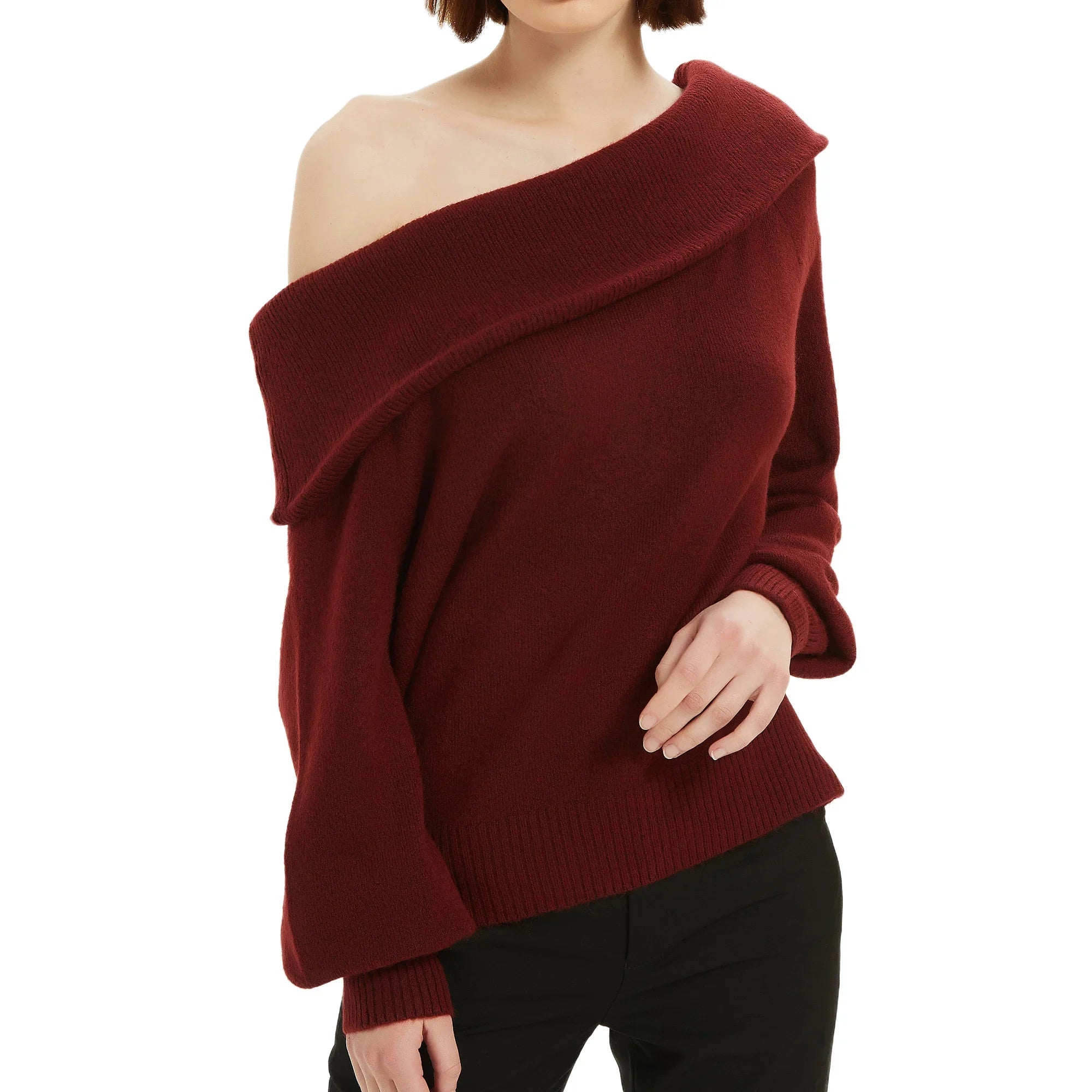 Fluffy Off Shoulder Sweater Women Fashion Jumpers Pullover Knitted Burgundy Grey Beige