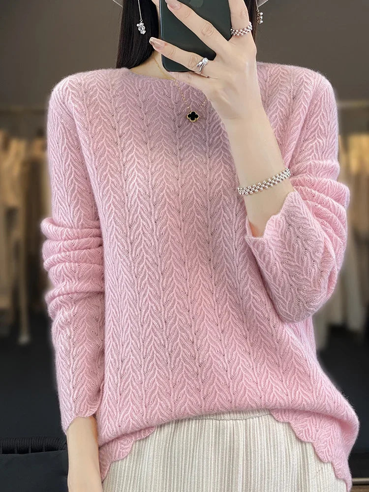 Fashion Women's Sweater O-Neck Pullover 100% Australian Wool Jumper Seamless ReadyToWear Hollow Out New In Knitwear Lady Clothes