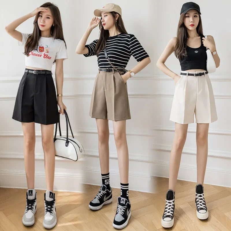 Fashion High Street Drape Suit Shorts Women Casual Solid Color High Waist Zipper Shorts Office Lady Summer Bottoms With Belt