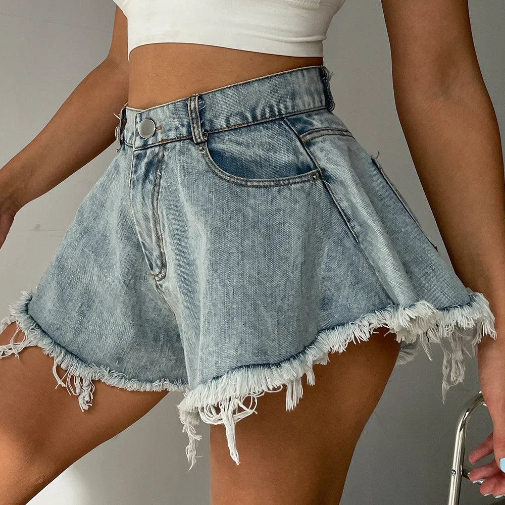 2024 New Women Denim Shorts With Holes And High Waist Loose Tassel Jeans S-XXL