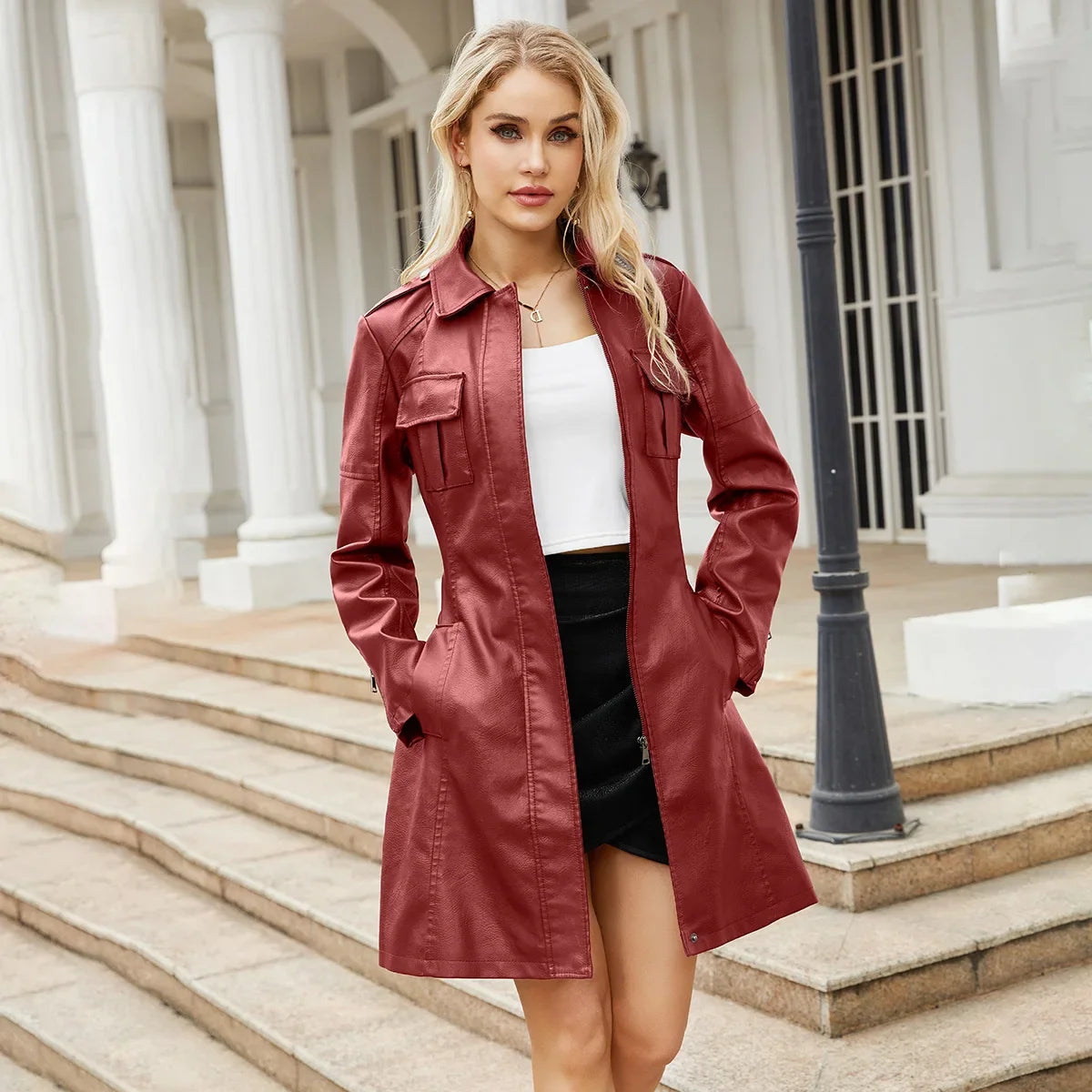 Women's Mid-length Leather Trench Coat with Belt