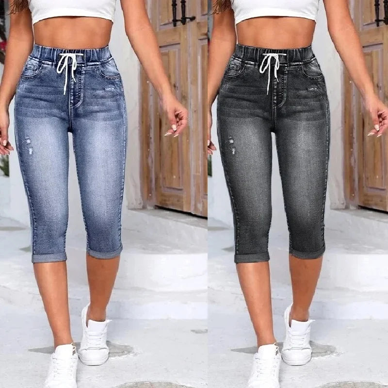 Women Denim Jeans Shorts Drawtring High Waist Stretch knee Length Ripped Hole Short Jean Pants