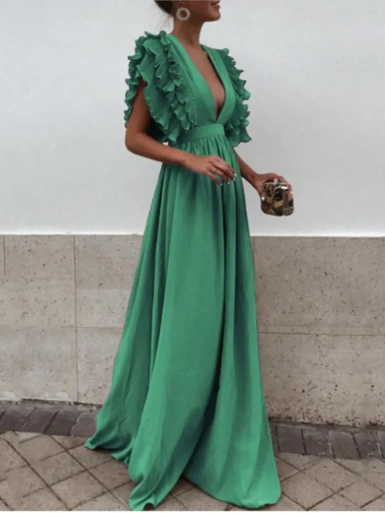 Sexy Deep V-neck Backless Dress Women Fashion Flying Sleeve High Waist Big Swing Green Red Dresses Elegant Evening Party Dress