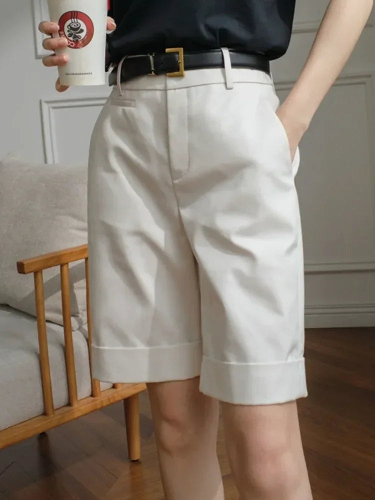 Shorts for Women High Waist Knee Length Straight Pants with Belt Summer Shorts for Women White Office Fashion Women's Shorts