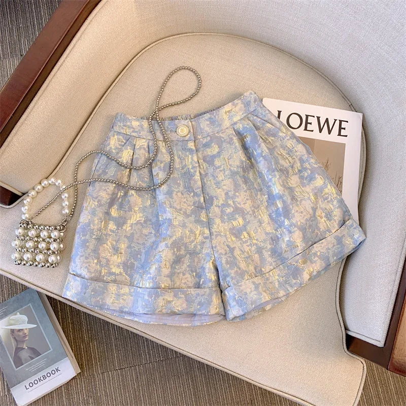 2024 Women's Summer Fashion Thin Tie-dye Print Shorts Female High Waist Wide-leg Shorts Ladies Loose Casual Short Pants X74