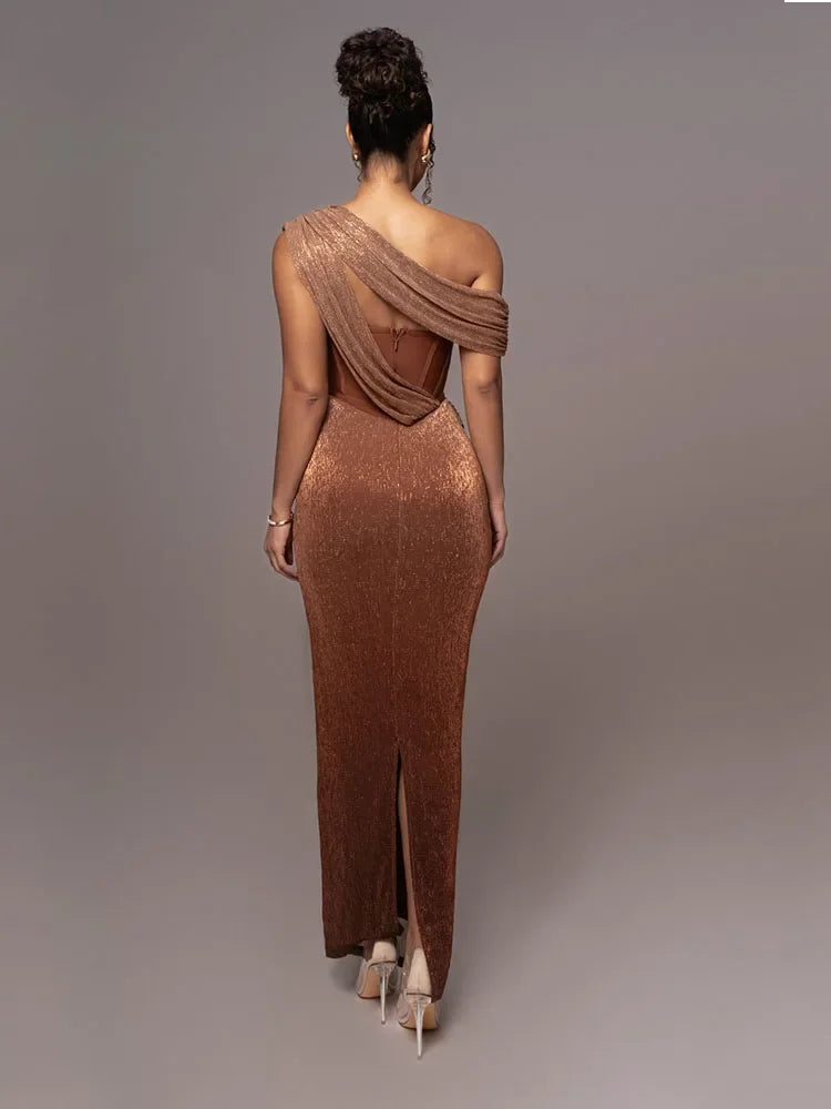 Sexy One Shoulder Draped Glitter Long Dress Women Brown Corset Sparkly Backless Bodycon Maxi Dresses Evening Party Gowns