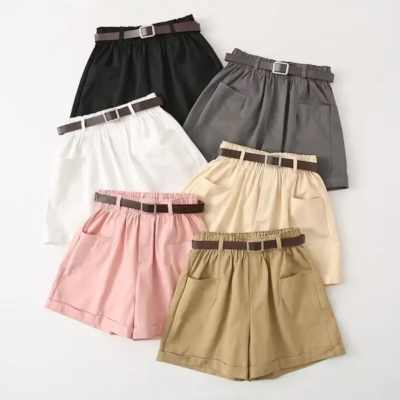 Tangada 2024 Women Solid Summer Shorts With Belt Strethy Waist Female Shorts YU002