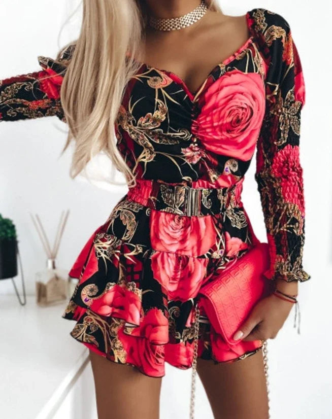 Elegant Evening Party Dresses for Women Floral Print Shirred Layered Dress Sexy 2023 Autumn Winter Spring New Fashion Casual