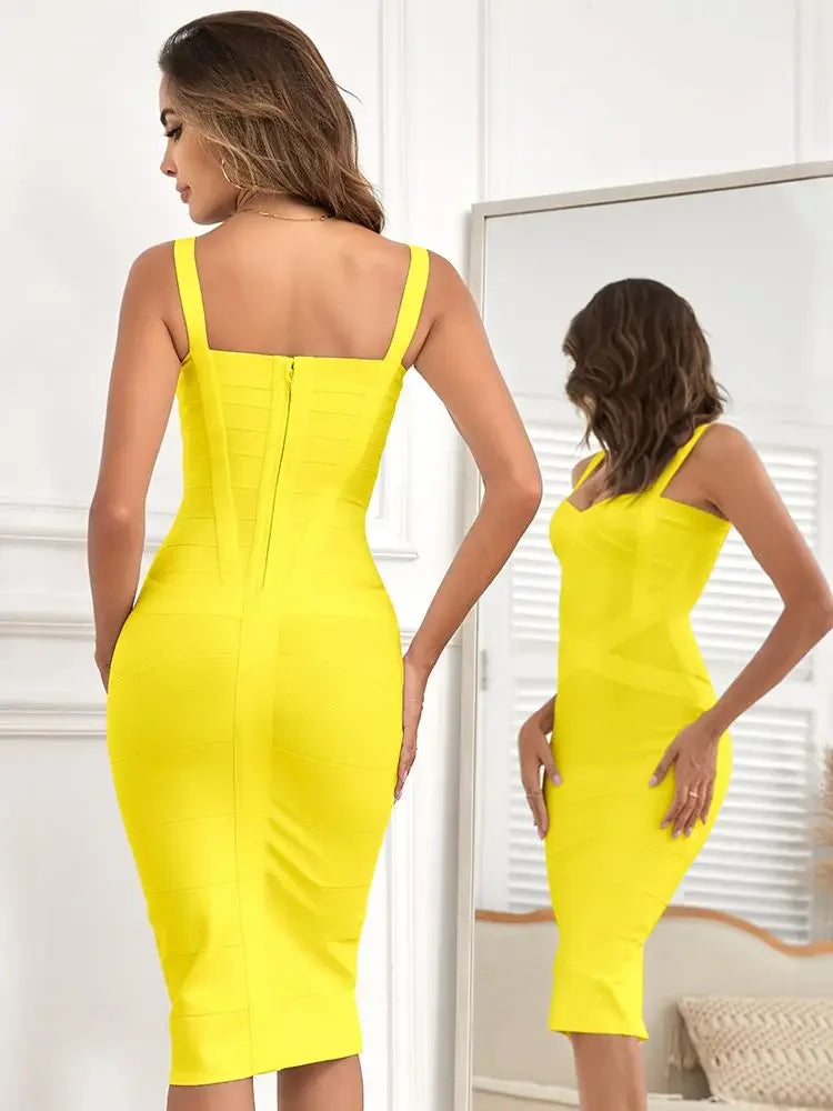 Sexy Vintage Quality Evening Yellow Bandage Dress Women Summer Blue Midi Cross Dress Bodycon Party Ladies Vestidos